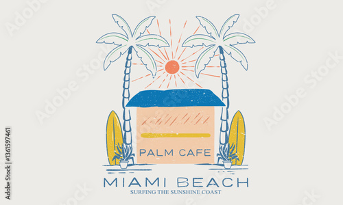 Palm cafe. Beach eco cafe artwork. Summer vibes artwork. Sunshine paradise graphic print design. Surf club design. Beach modern abstract art.