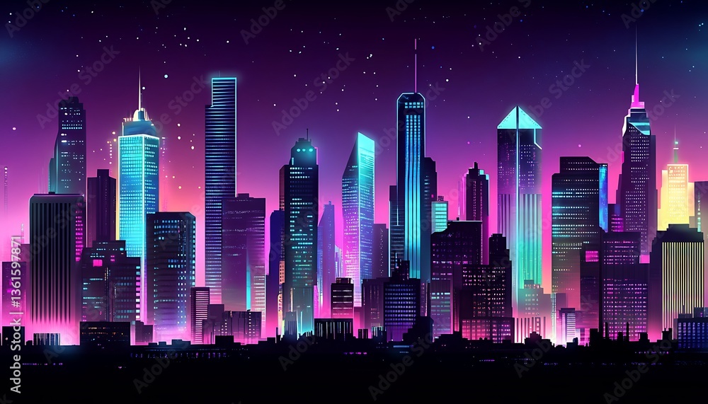 Fototapeta premium A futuristic cityscape with tall buildings and neon lights