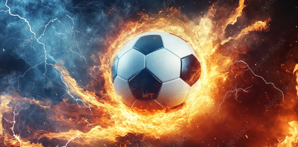Fototapeta premium Soccer ball engulfed in fire and lightning energy