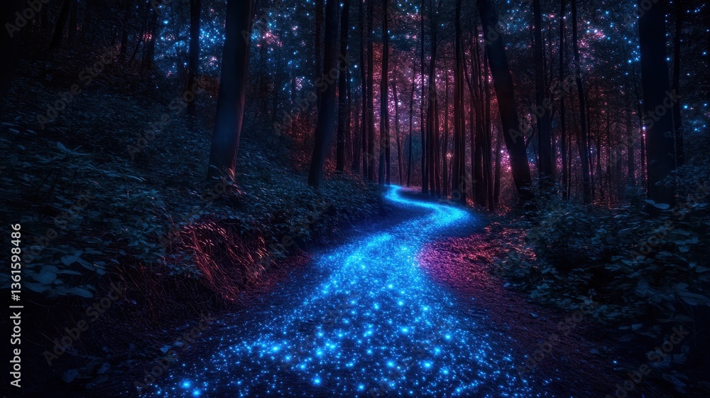Obraz premium Enchanted forest path illuminated by sparkling blue light during twilight hours