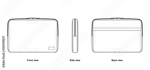 Laptop and Tablet Sleeve Technical Fashion Illustration. Protective Case Vector Template. Front, Side, and Back View. Slim Design. Zipper Closure. CAD Mockup Set.