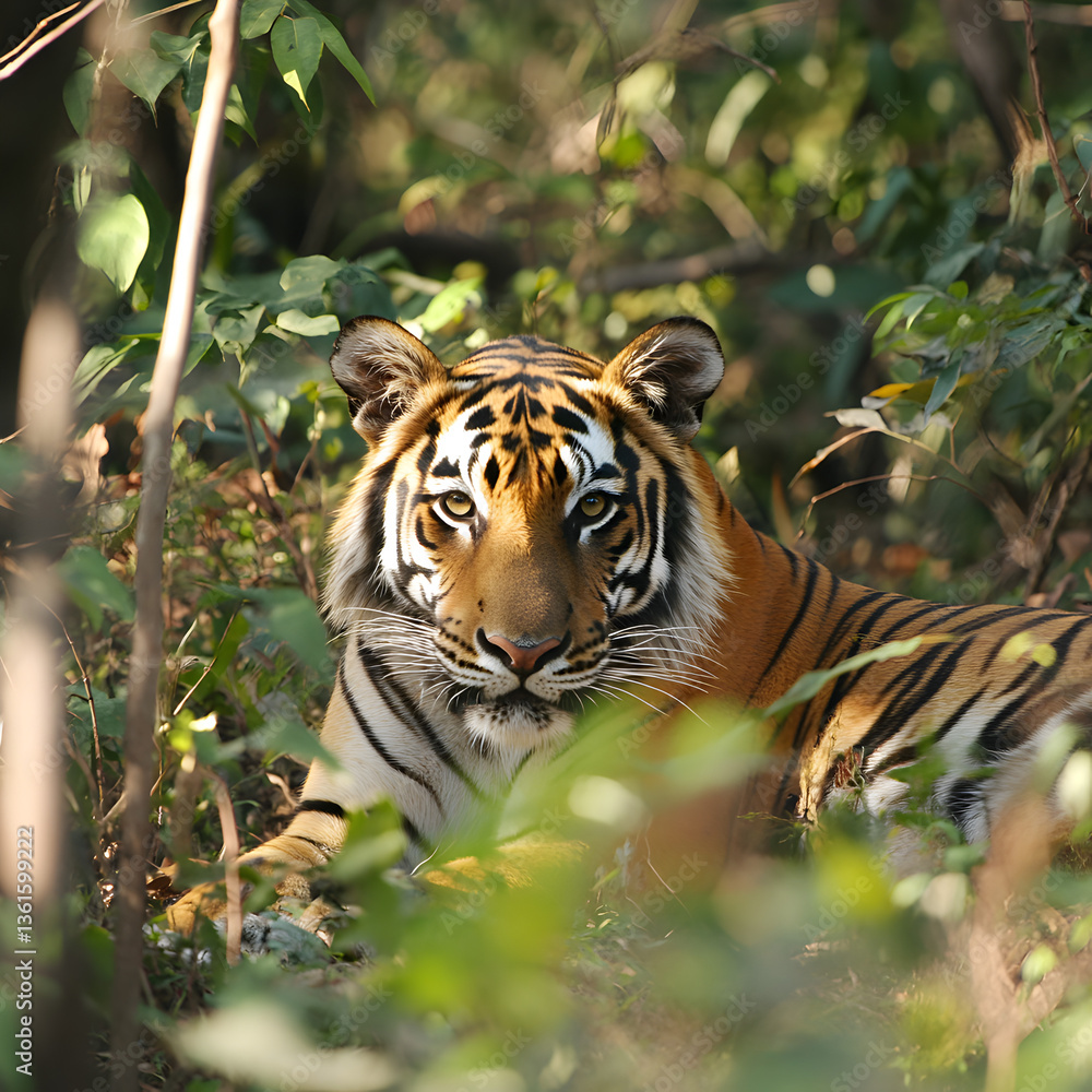 Fototapeta premium Tiger resting in dense jungle wildlife photography lush environment close-up view nature's serenity