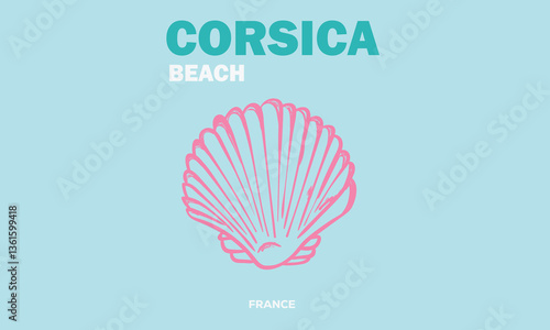 Corsica beach artwork. Beach modern abstract art. Seashell vintage artwork. Seashell line drawing. 