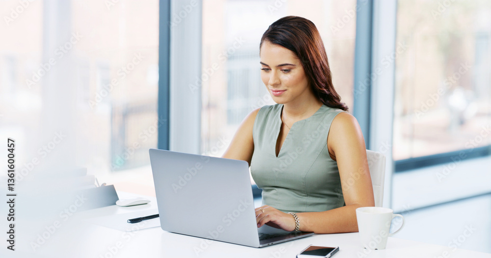 Office, businesswoman and research with laptop for typing, news story and smile for publication. Career, female person and journalist with digital for blog website, information and online for article Office, businesswoman and research with laptop for typing, news story and smile for publication. Career, female person and journalist with digital for blog website, information and online for article