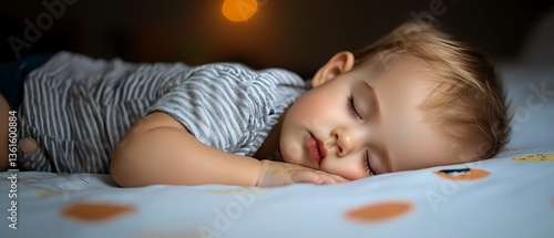 A young baby is sleeping peacefully on a patterned bed