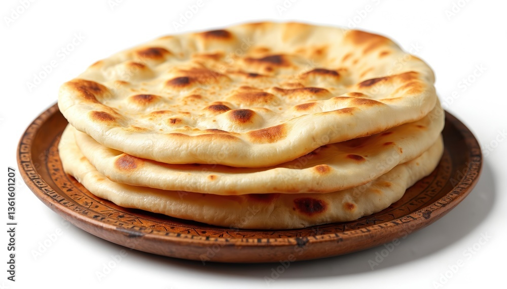 Stack of freshly baked naan bread on wooden plate against white backdrop. Traditional Indian cuisine. Isolated close-up of flatbread, ready to serve. Ideal visual for culinary, food, restaurant promo. Stack of freshly baked naan bread on wooden plate against white backdrop. Traditional Indian cuisine. Isolated close-up of flatbread, ready to serve. Ideal visual for culinary, food, restaurant promo.