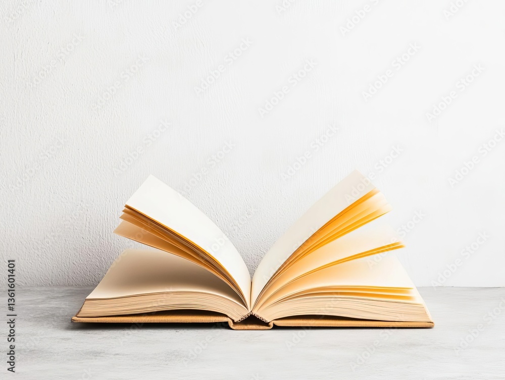 Fototapeta premium An open blank book on a clean surface ready for notes or sketches.