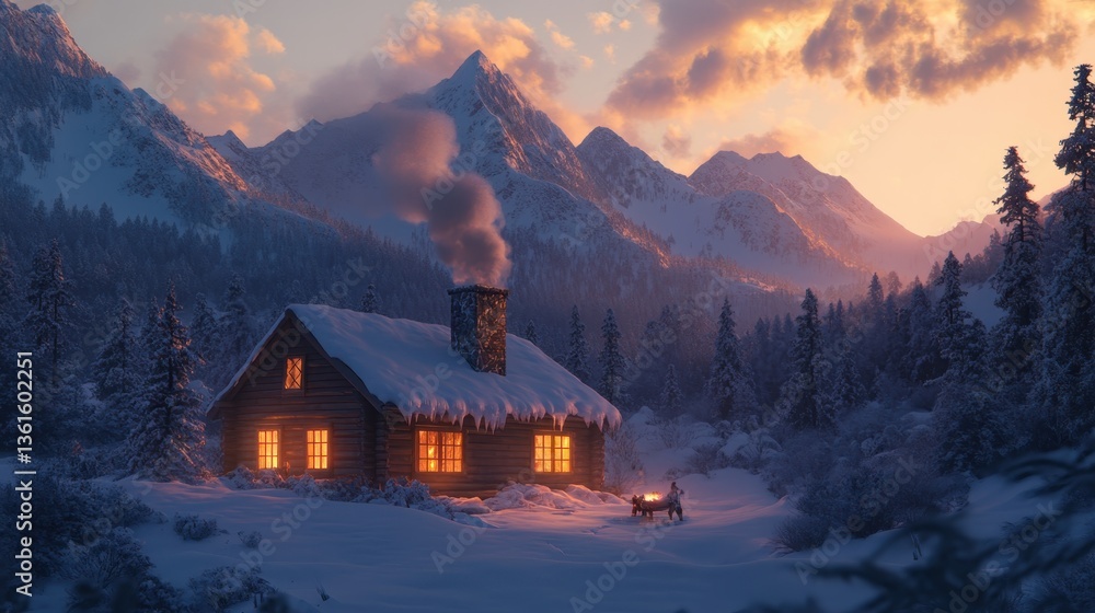 Fototapeta premium Cozy cabin in snowy mountains at sunset with smoke rising from chimney and warm lights glowing from windows