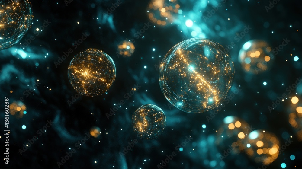 Naklejka premium Abstract cosmic spheres glow in a dark nebulous space of light and color