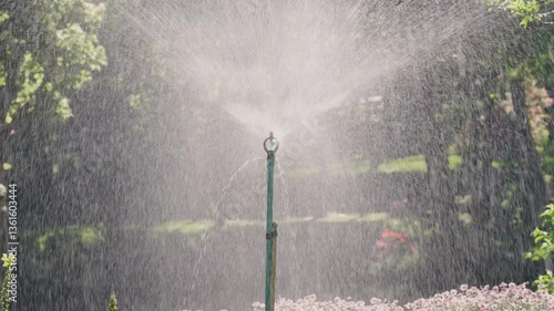 Sprinklers are watering the garden.