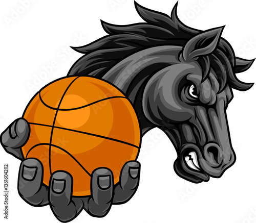 Horse mustang bronco stallion basketball angry sports team mascot holding a ball.