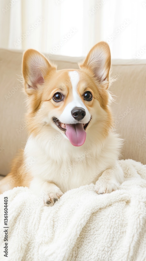 Cute Shiba Inu dog with its tongue out sitting on a light beige fluffy blanket in a bright living room, enjoying the moment Cute Shiba Inu dog with its tongue out sitting on a light beige fluffy blanket in a bright living room, enjoying the moment