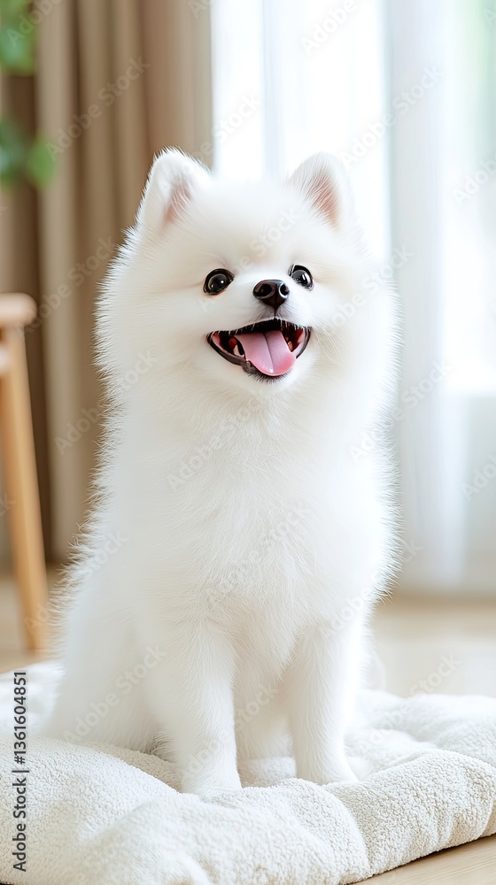 Fototapeta premium Happy Pomeranian puppy sits comfortably on a soft blanket in a cozy living room, exuding warmth and joy through its fluffy fur