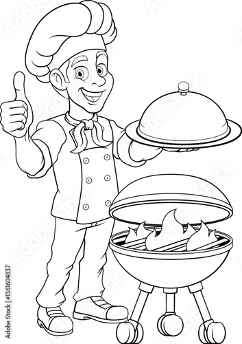 A chef cartoon barbecue cook out brazier BBQ man giving thumbs up and holding a platter plate with cloche mascot character illustration