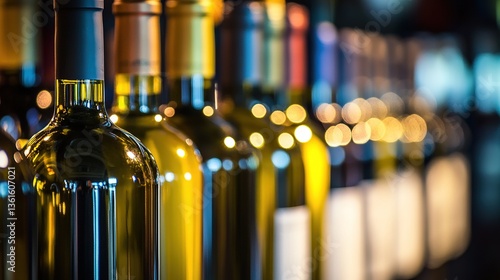 A row of wine bottles, softly lit, showcasing elegance and craftsmanship in a timeless display.