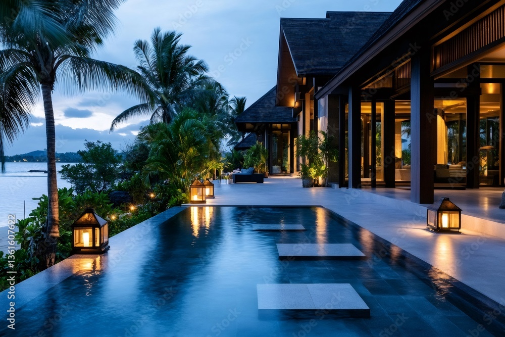 Fototapeta premium Luxurious infinity pool overlooking tropical ocean at dusk with lanterns illuminating patio
