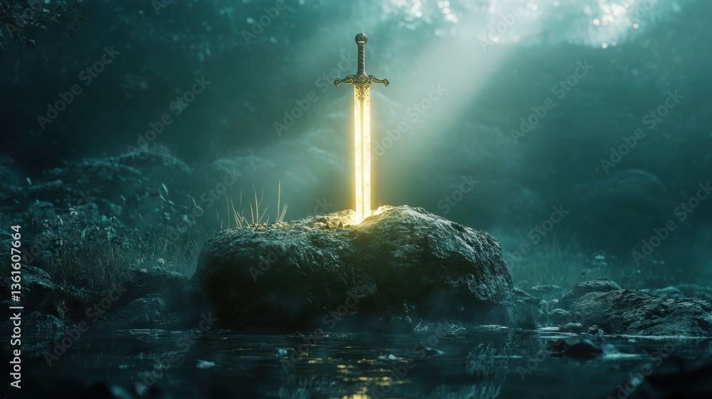 Naklejka premium Sword radiating light from a rocky pedestal in a mystical cave with ethereal fog