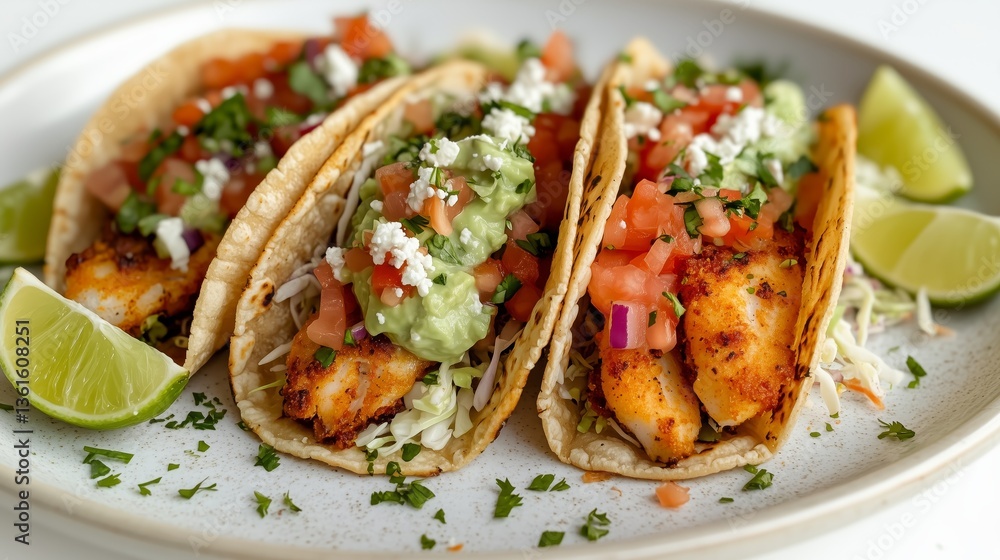 Flavorful fish tacos served with lime, guacamole, salsa, and shredded cabbage on a warm tortilla, perfect for a tasty meal. Flavorful fish tacos served with lime, guacamole, salsa, and shredded cabbage on a warm tortilla, perfect for a tasty meal.