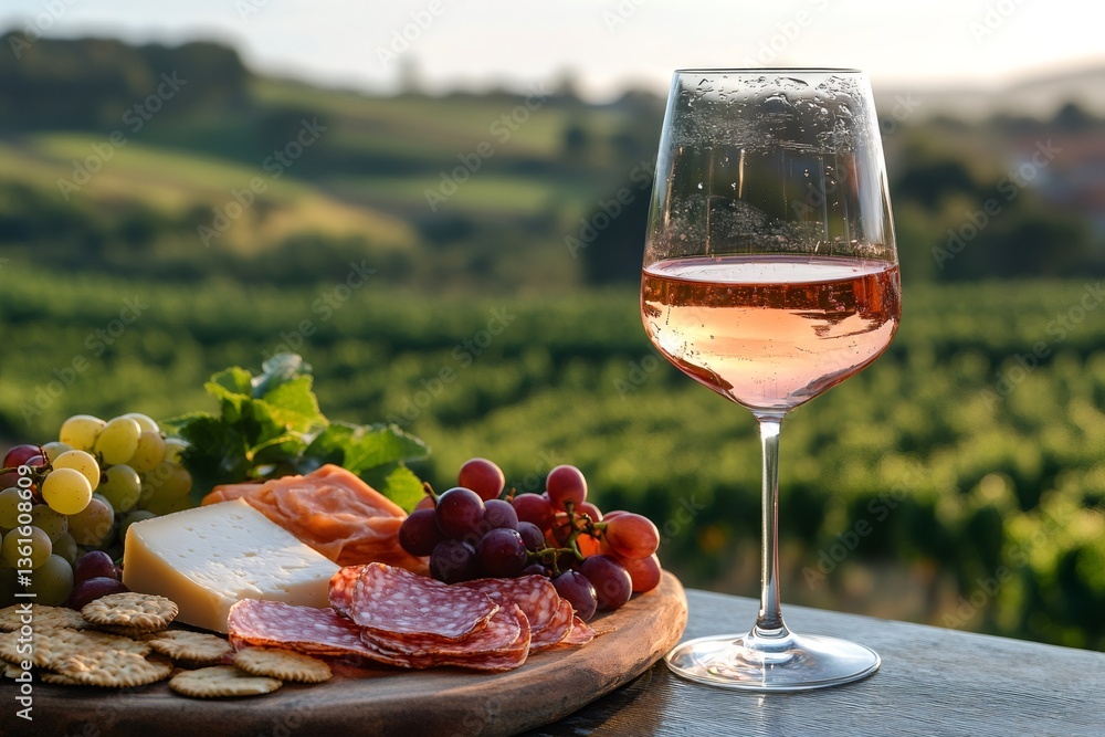 Fototapeta premium Glass of rose wine with charcuterie board overlooking vineyard at sunset