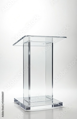 Clear acrylic lectern on white background. Modern transparent podium for presentations speeches. Acrylic dais stage platform for conferences lectures. Lightweight, hard-wearing, professional design.
