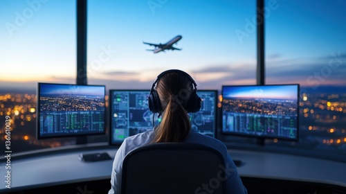 A person monitors multiple screens in an airport control tower, overseeing air traffic against a backdrop of a city skyline at dusk.