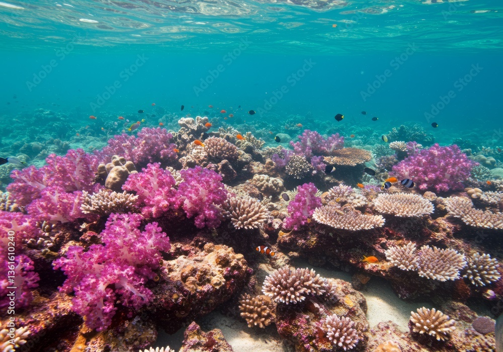 Naklejka premium Colorful coral reef with tropical fish under sunlit water.