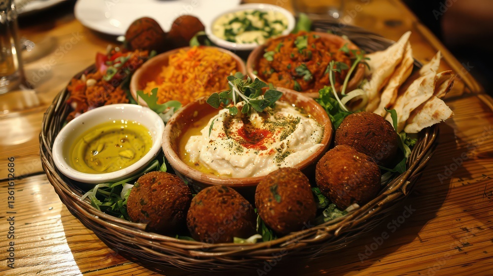 Middle Eastern mezze platter with hummus and falafel. Middle Eastern mezze platter with hummus and falafel.