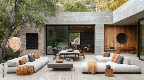 Modern outdoor living space with concrete walls, wood accents, and comfortable seating