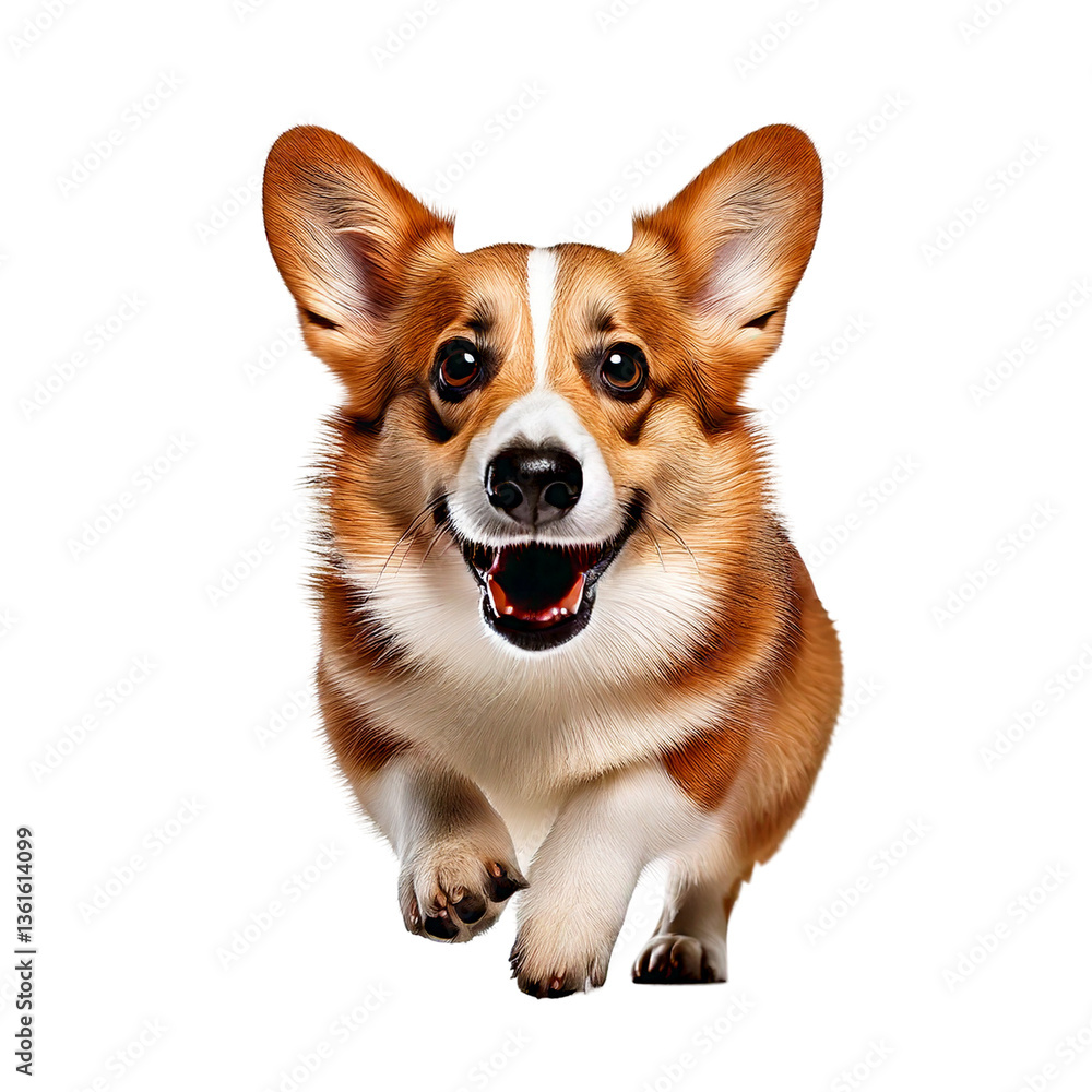 A Corgi running joyfully, with its short legs in motion A Corgi running joyfully, with its short legs in motion