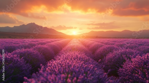 Sunset over lavender field with vibrant blooms and mountain view