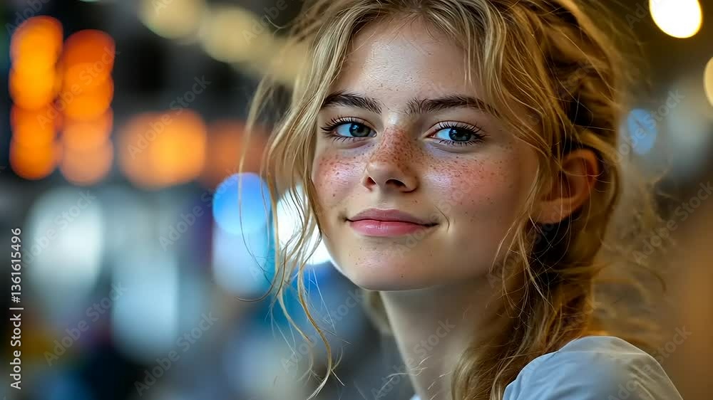Young woman with freckles smiling warmly in a vibrant indoor setting, surrounded by soft lights Young woman with freckles smiling warmly in a vibrant indoor setting, surrounded by soft lights