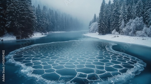 Majestic frozen lake with geometric patterns surrounded by snowy pines in winter wonderland