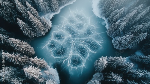 Aerial view of frozen lake with cracked ice surrounded by snowy pine forest