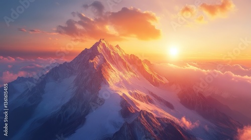 Majestic mountain peak at sunset with vibrant sky and clouds creating a serene landscape