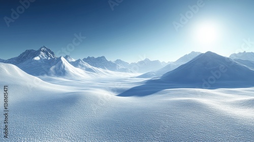 Majestic snow-covered mountain landscape under a clear blue sky with sunlight