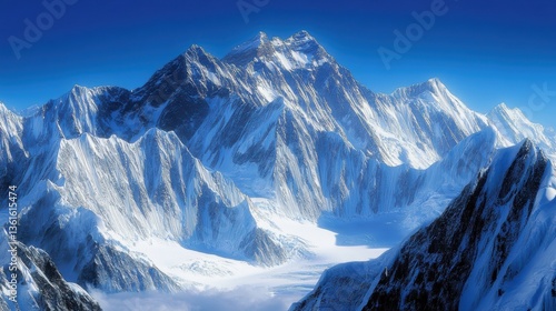 Majestic mountain range with snow-covered peaks under a clear blue sky