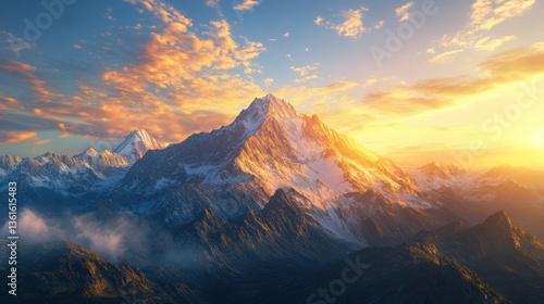 Majestic mountain landscape at sunrise with golden clouds and snow-capped peaks