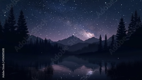Stunning night sky with stars over a tranquil lake and mountains