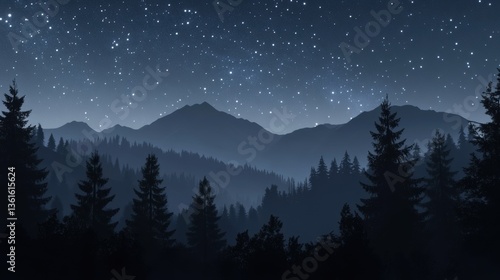 Starry night sky above misty mountain forest with silhouetted trees