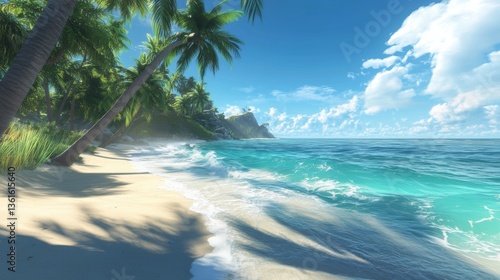 Tropical beach with palm trees and turquoise ocean under a bright blue sky