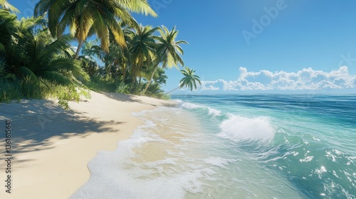 Tropical beach paradise with palm trees and clear blue waves under a sunny sky