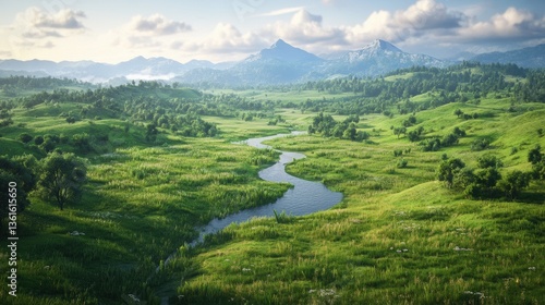 Serene mountain landscape with meandering river under blue sky