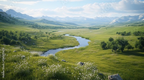 Serene mountain valley with river flowing through lush green landscape under majestic blue sky