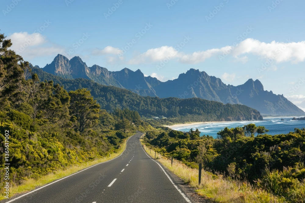 Scenic coastal road winding through lush greenery Scenic coastal road winding through lush greenery