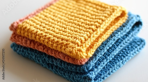 Hand Knitted Cotton Dishcloths in Yellow, Peach, and Teal