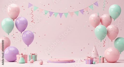 パステルカラー風船とプレゼント、華やかで可愛い誕生日背景
