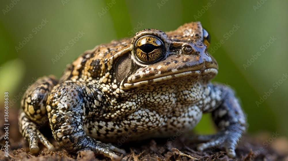 Obraz premium Macro Shot of Fowler's Toad's Rugged Skin and Golden Eyes Reflecting Greenery