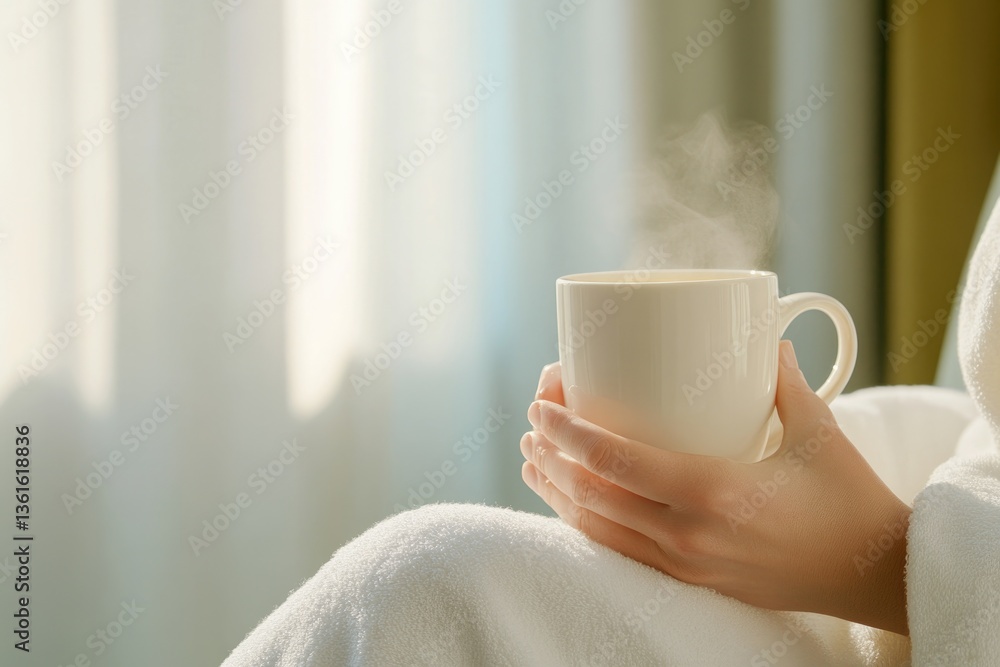 Warm steam rises from mug held gently, creating cozy, tranquil a Warm steam rises from mug held gently, creating cozy, tranquil a