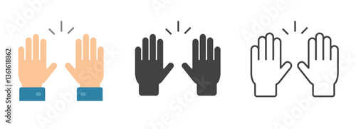 Hi five two hands icon, rise up throw palms as excitement joy success gesture emoticon simple solid line stroke outline flat style design set, welcome celebrate sign symbol pictogram image clip art