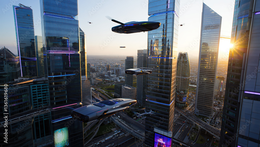 Fototapeta premium Towering glass and steel skyscrapers, flying cars, and drones fill the sky of a bustling city, glowing with neon lights and a golden sunset, showcasing high-tech innovation.